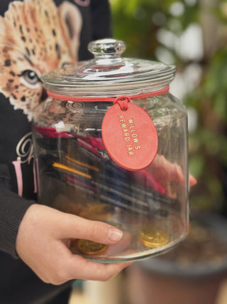 Personalised Oval Leather Reward Jar Label For Kids.