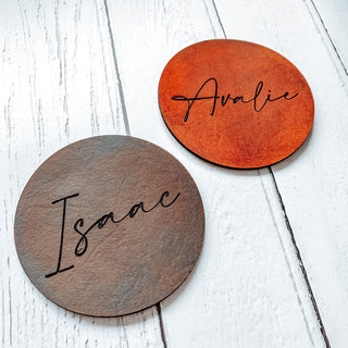 Personalised engraved leather coaster - wedding favour, dinner party place setting.