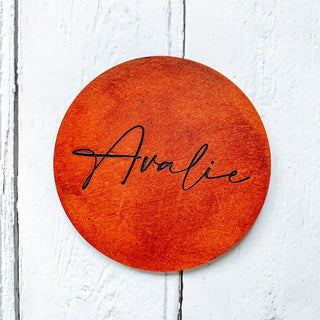 Personalised engraved leather coaster - wedding favour, dinner party place setting.