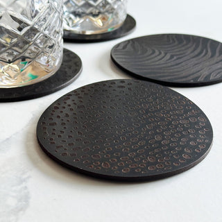 One Black Animal Print Leather Coasters, Leather Anniversary gift.