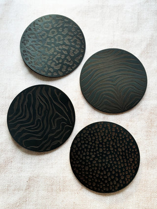 Set of 4 Black Animal Print Leather Coasters, Leather Anniversary gift.